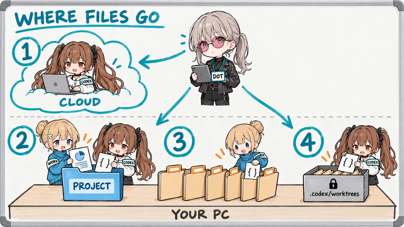 ホワイトボードに描いた図。上の Rin が dot として3本の矢印で仕事を振っている。左の雲の中ではクラウドの作業場で MiKA が作業していて、手元のフォルダとはつながっていない（1）。右下の机には、自分で選んだプロジェクトのフォルダ（2）、日付ごとに増えるチャット用のフォルダ（3）、ワークツリー用の隠しフォルダ（4）が並び、Ren は書類を（2）と（3）に、MiKA はコードを（2）と（4）に置いている