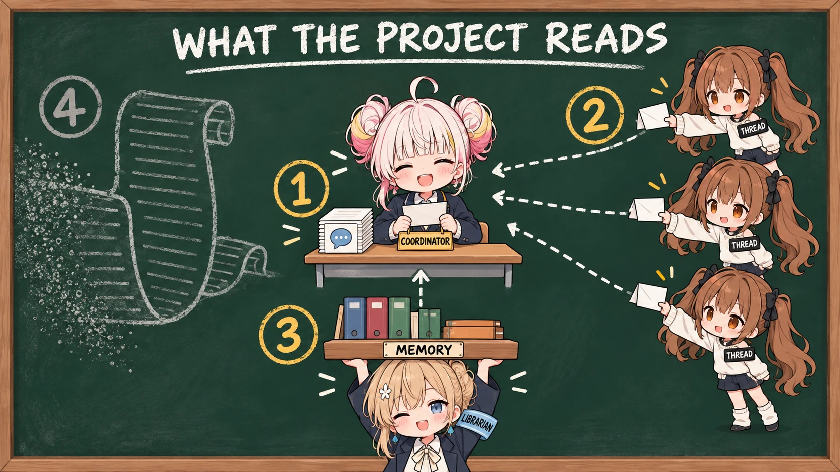黒板に描いた図。中央の Mio が机で読んでいるのは、手元の短いメッセージの束（1）、右の3人の MiKA がスレッドから渡してくるカード（2）、下で Ren が支えるメモリーの棚（3）の3つ。左には長い巻物（4）が薄く消えかけていて、Mio はそちらに背を向けている