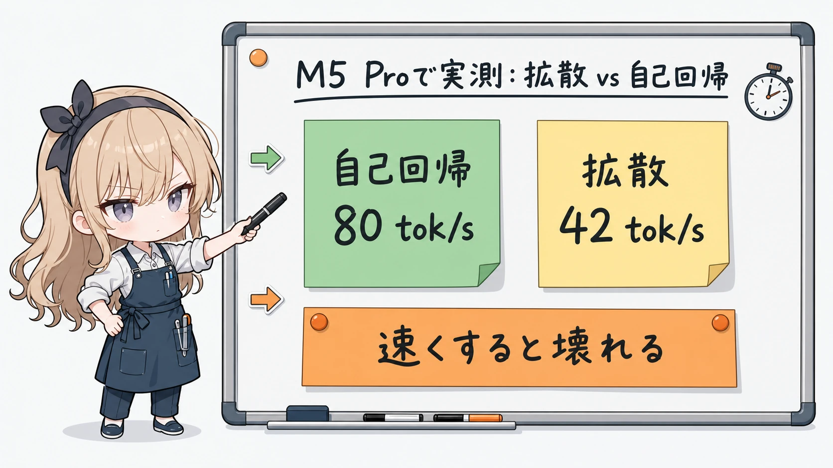 DiffusionGemma と自己回帰生成の違い、および M5 Pro での速度逆転を示す概要図