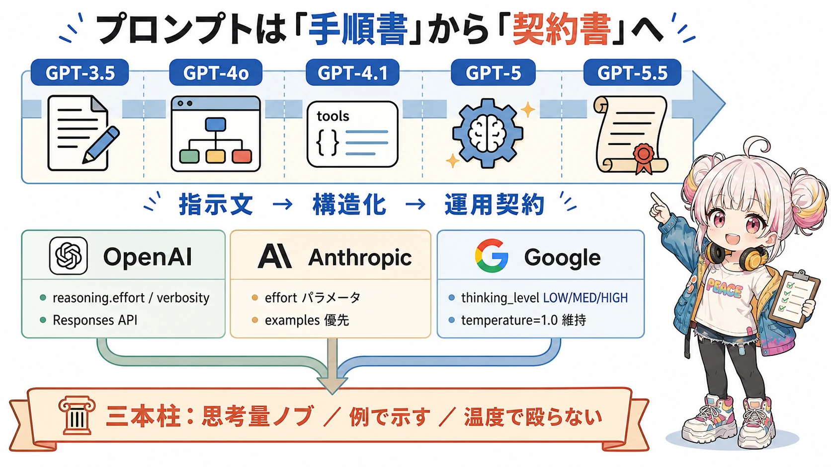 プロンプト思想の世代変遷とGPT-5.5移行の要点を一枚にまとめた図