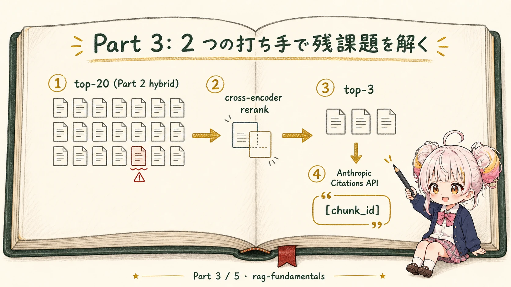 Part 2 で旧版は落ちたものの、意味的 trap の残存と引用喪失が Generation 側に残り、Part 3 で cross-encoder reranker と Anthropic Citations API の 2 段で対処する流れを示すインフォグラフィック