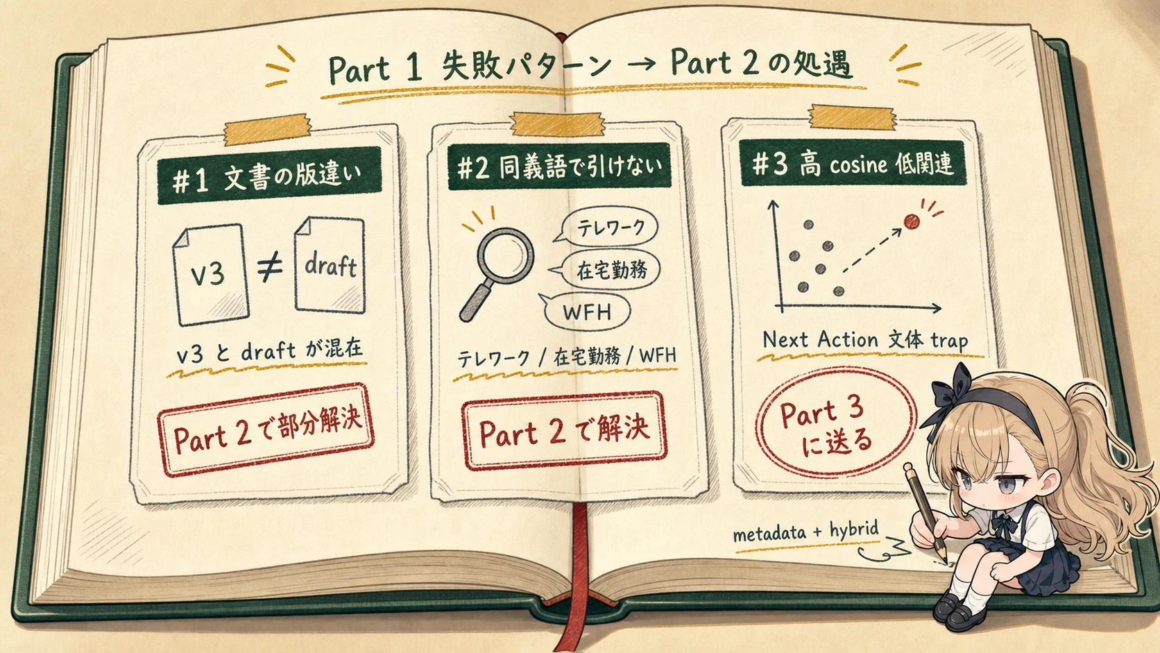 Part 1 の失敗グループ A-3 と B を Part 2 で解決、A-1/A-2 は Part 3 へ送ることを示すインフォグラフィック